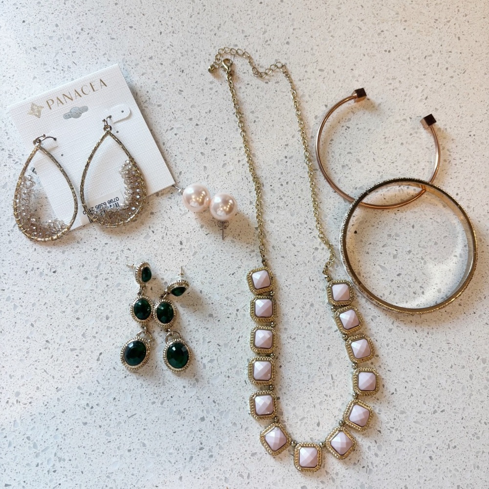 Gold Pink Jewelry Necklace Earring Bracelet Bundle Sparkly Casual Party